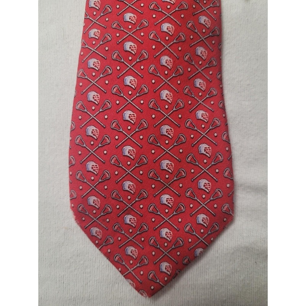 Silk Tie Red Lacrosse Sticks Helmets Print Sporty Vineyard Vines Necktie
